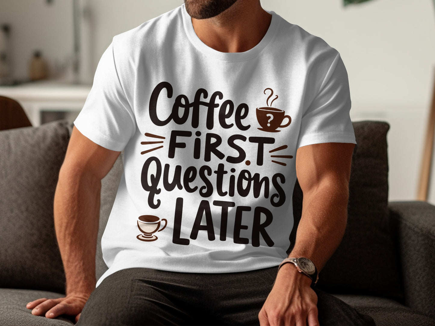 Coffee Lover T-Shirt: "Coffee First Questions Later" Graphic Design