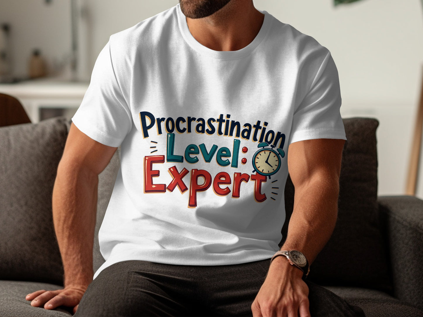 Funny Lifestyle T-Shirt: "Procrastination Level Expert" Alarm Clock Design