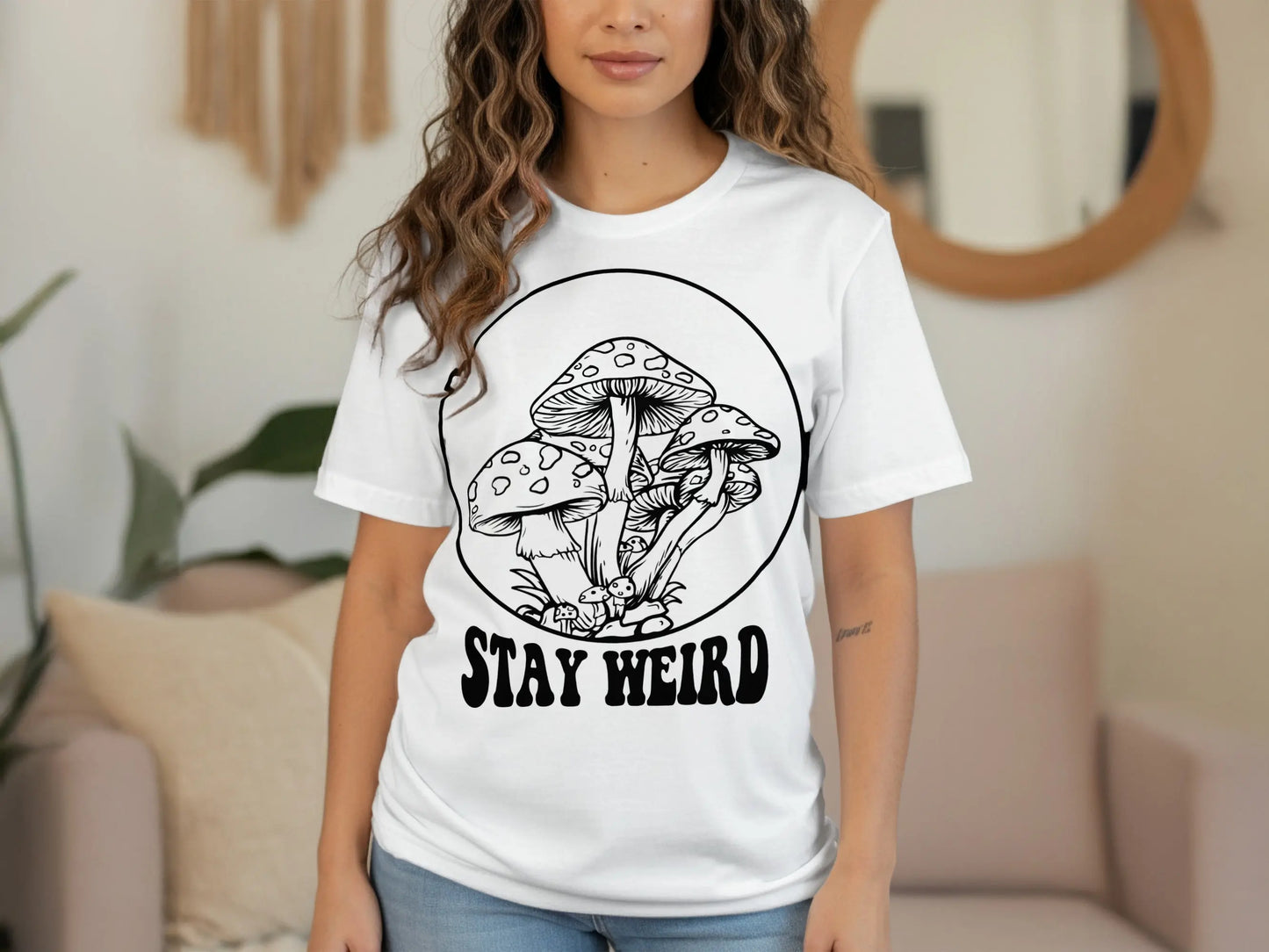 Stay Weird with Mushrooms Line Art Graphic T-Shirts Boofy