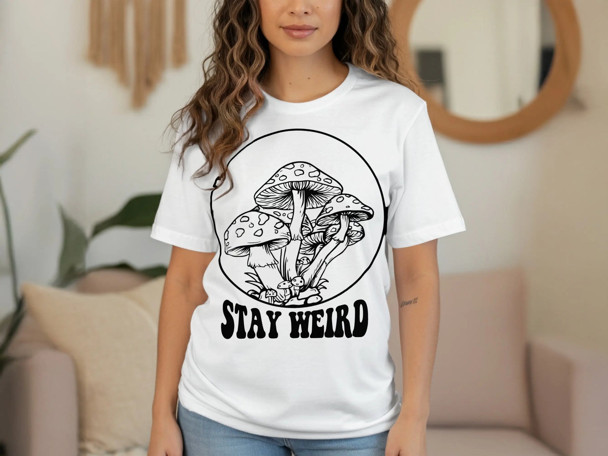 Stay Weird with Mushrooms Line Art Graphic T-Shirts Boofy