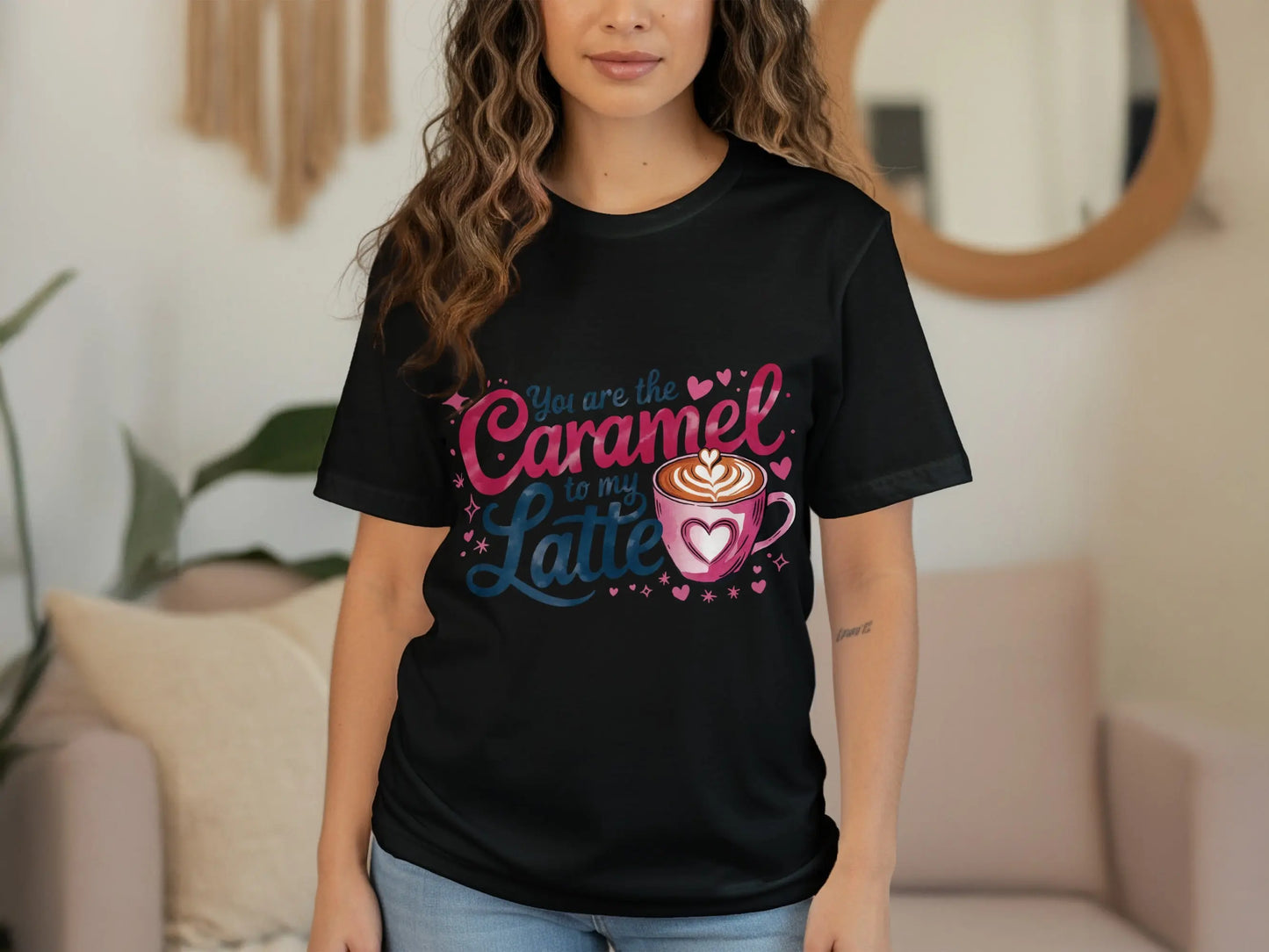Funny Coffee Lover T-Shirt: "Caramel to My Latte" Pink Graphic Tee