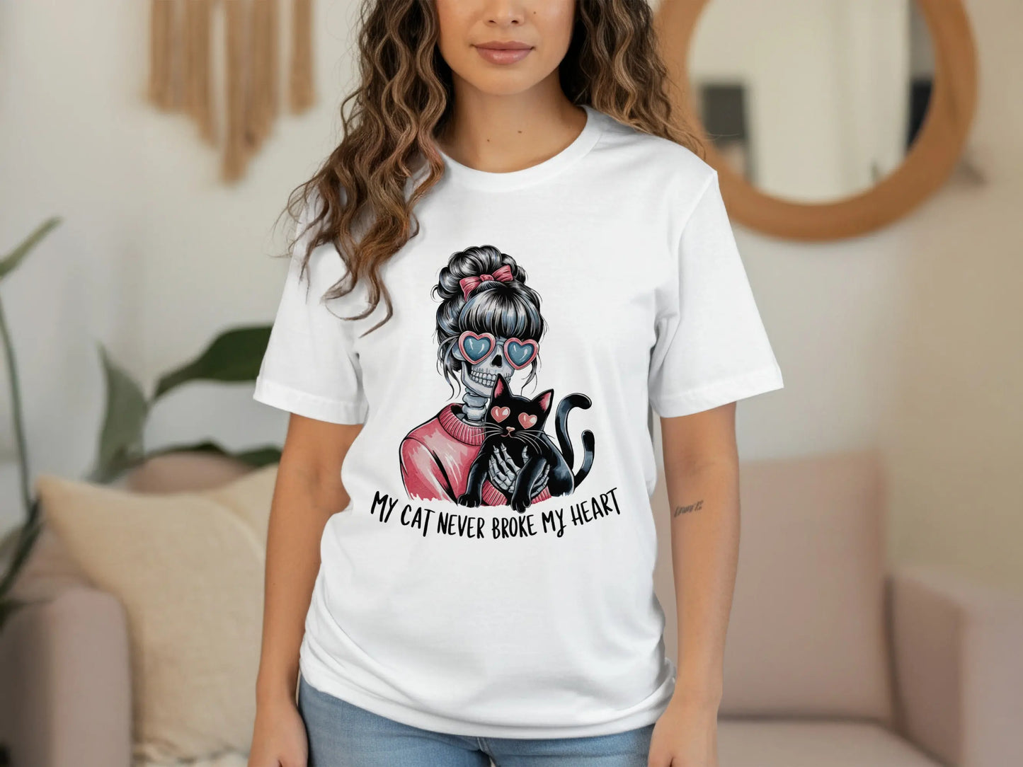 Skeleton Cat Lover T-Shirt: "My Cat Never Broke My Heart" Humor