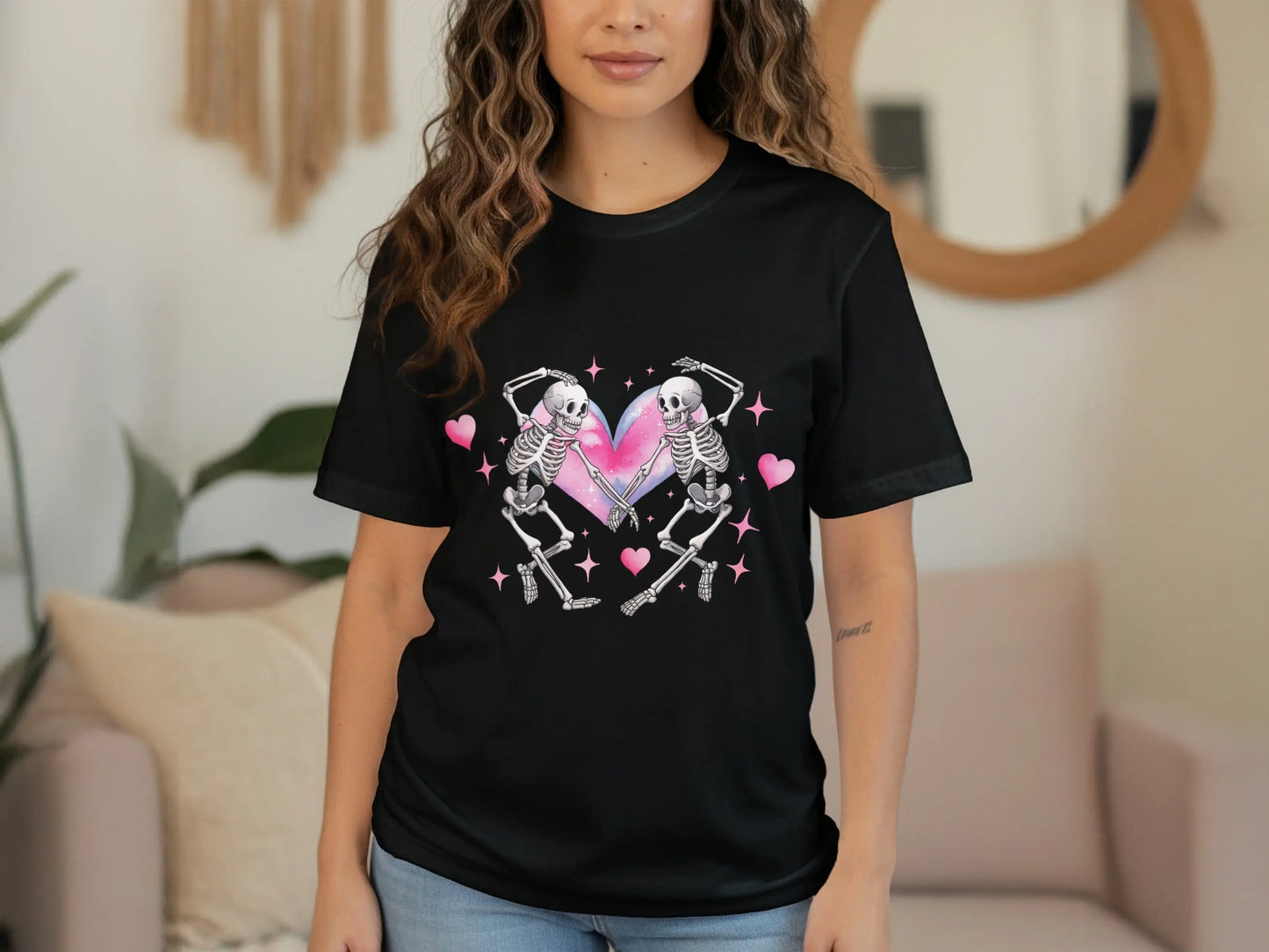 Gothic Valentine's T-Shirt: Skeleton Lovers in Heart Galaxy