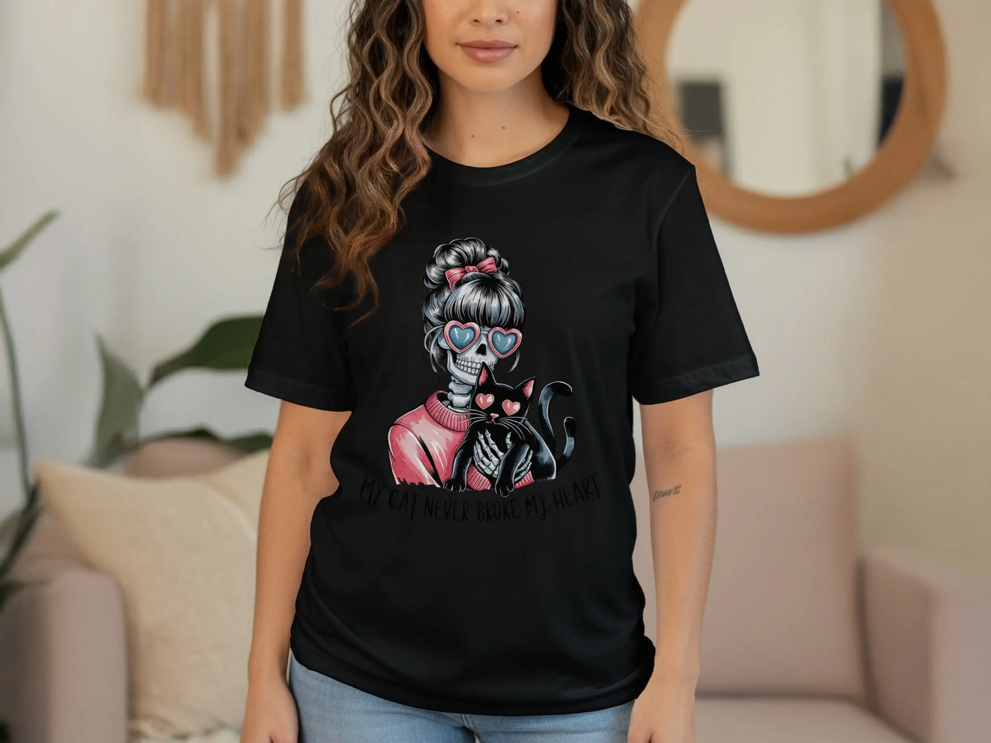 Skeleton Cat Lover T-Shirt: "My Cat Never Broke My Heart" Humor