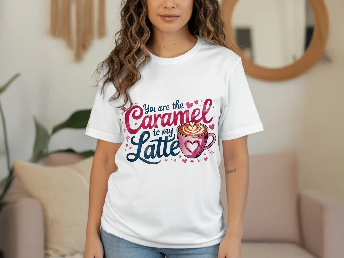 Funny Coffee Lover T-Shirt: "Caramel to My Latte" Pink Graphic Tee