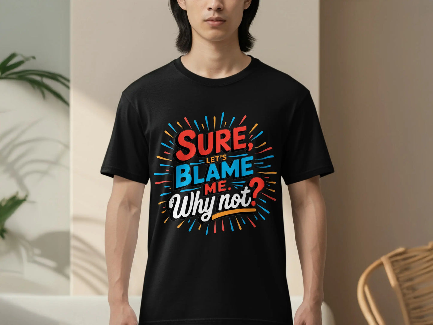 Funny Sarcastic Graphic T-Shirt: "Sure Lets Blame Me Why Not"