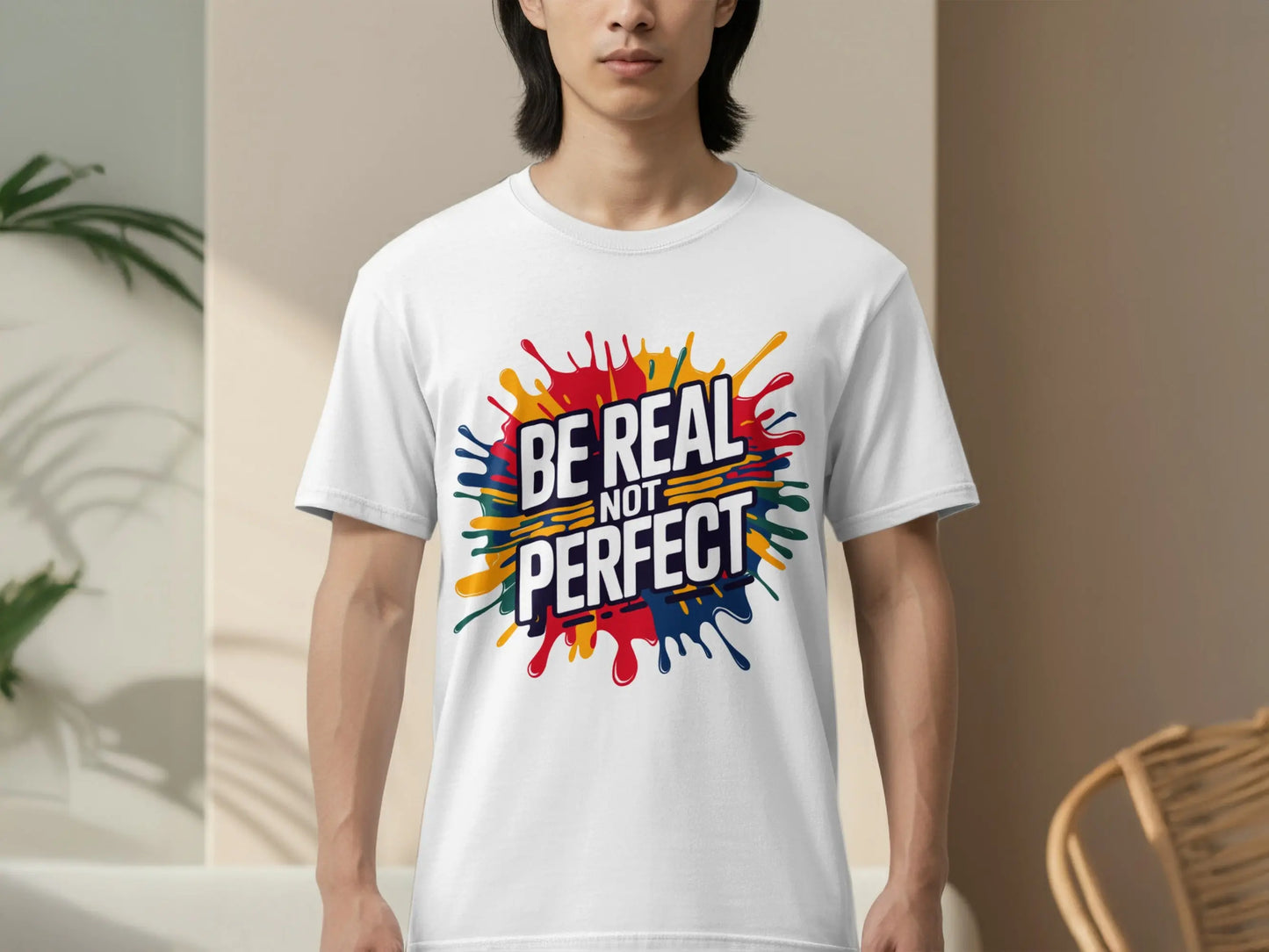 Motivational T-Shirt: "Be Real Not Perfect" Colorful Splash Design