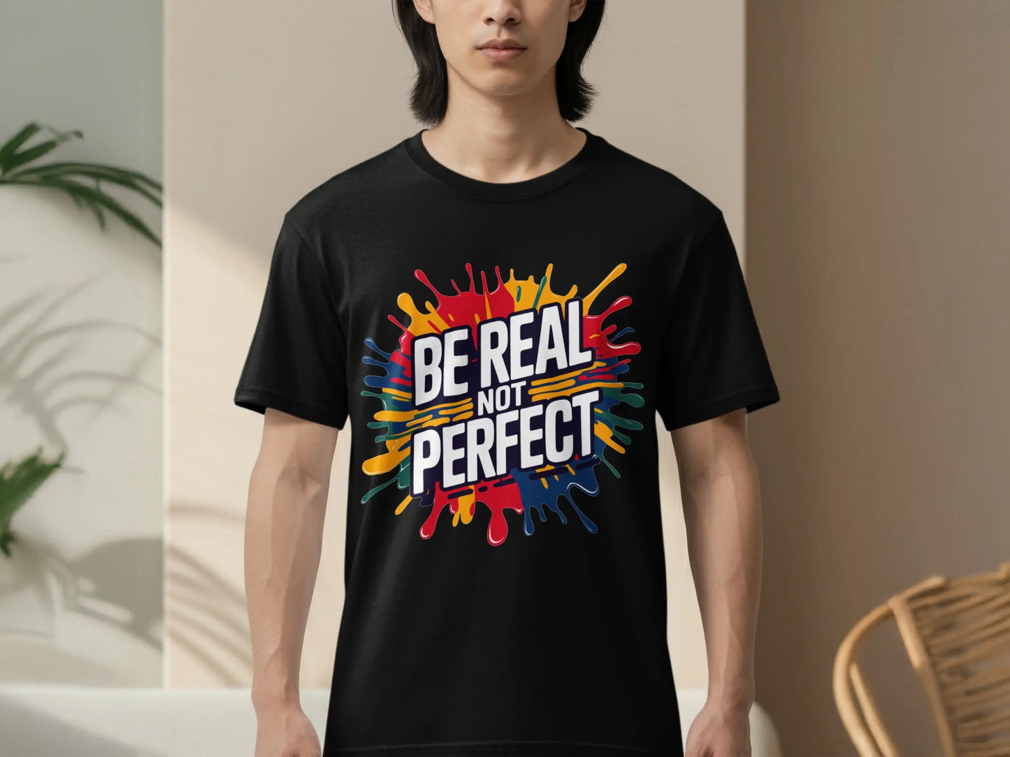 Motivational T-Shirt: "Be Real Not Perfect" Colorful Splash Design