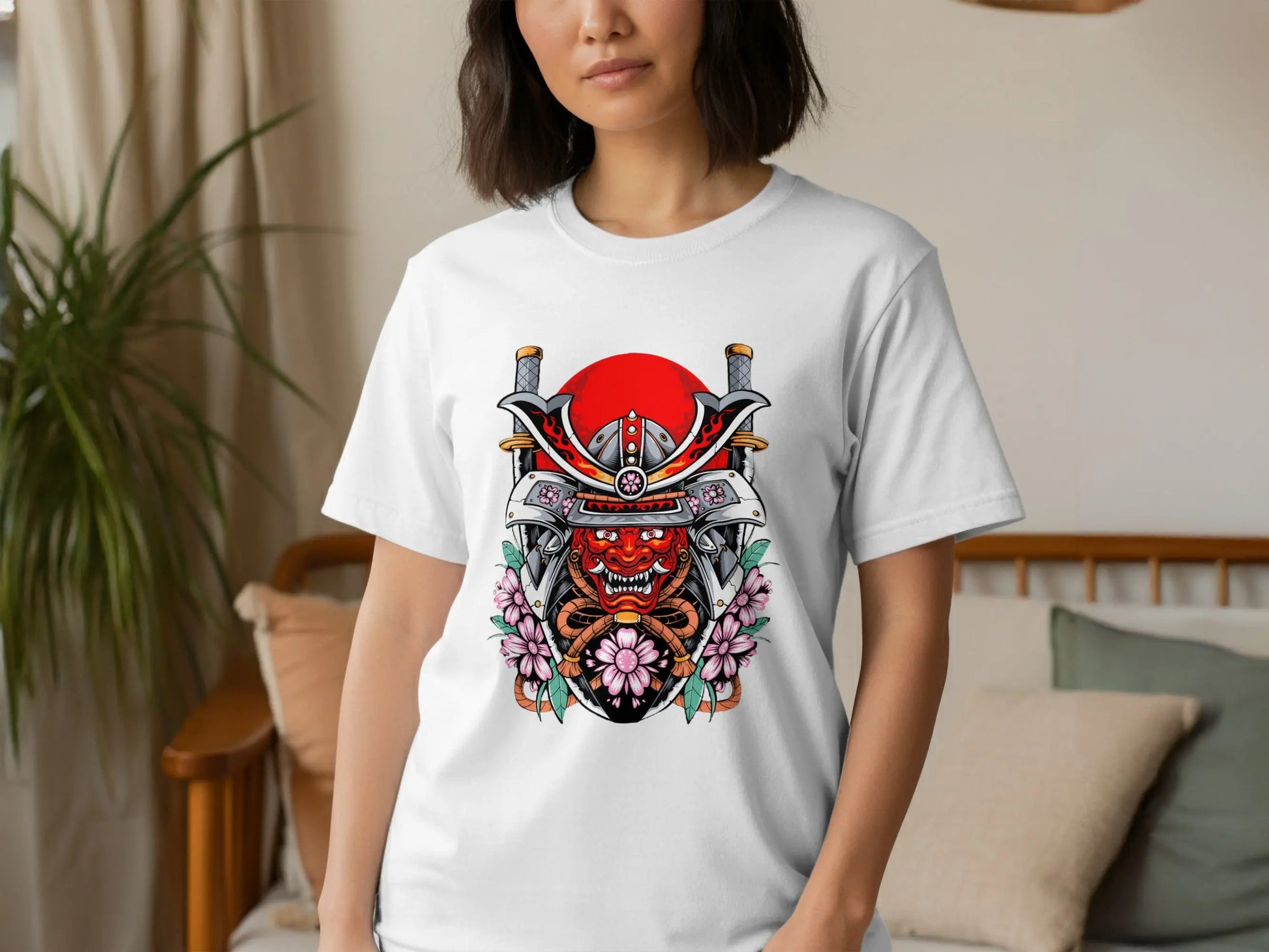 Samurai Mask with Swords and Cherry Blossoms Design T-Shirt Boofy