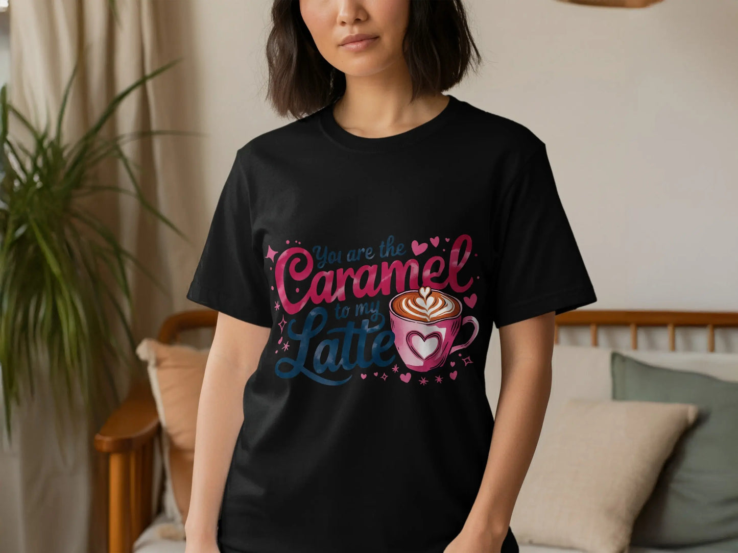 Funny Coffee Lover T-Shirt: "Caramel to My Latte" Pink Graphic Tee