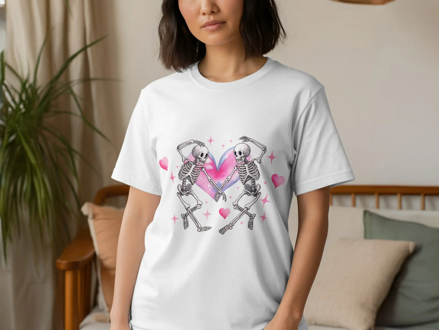 Gothic Valentine's T-Shirt: Skeleton Lovers in Heart Galaxy