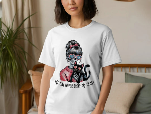 Skeleton Cat Lover T-Shirt: "My Cat Never Broke My Heart" Humor