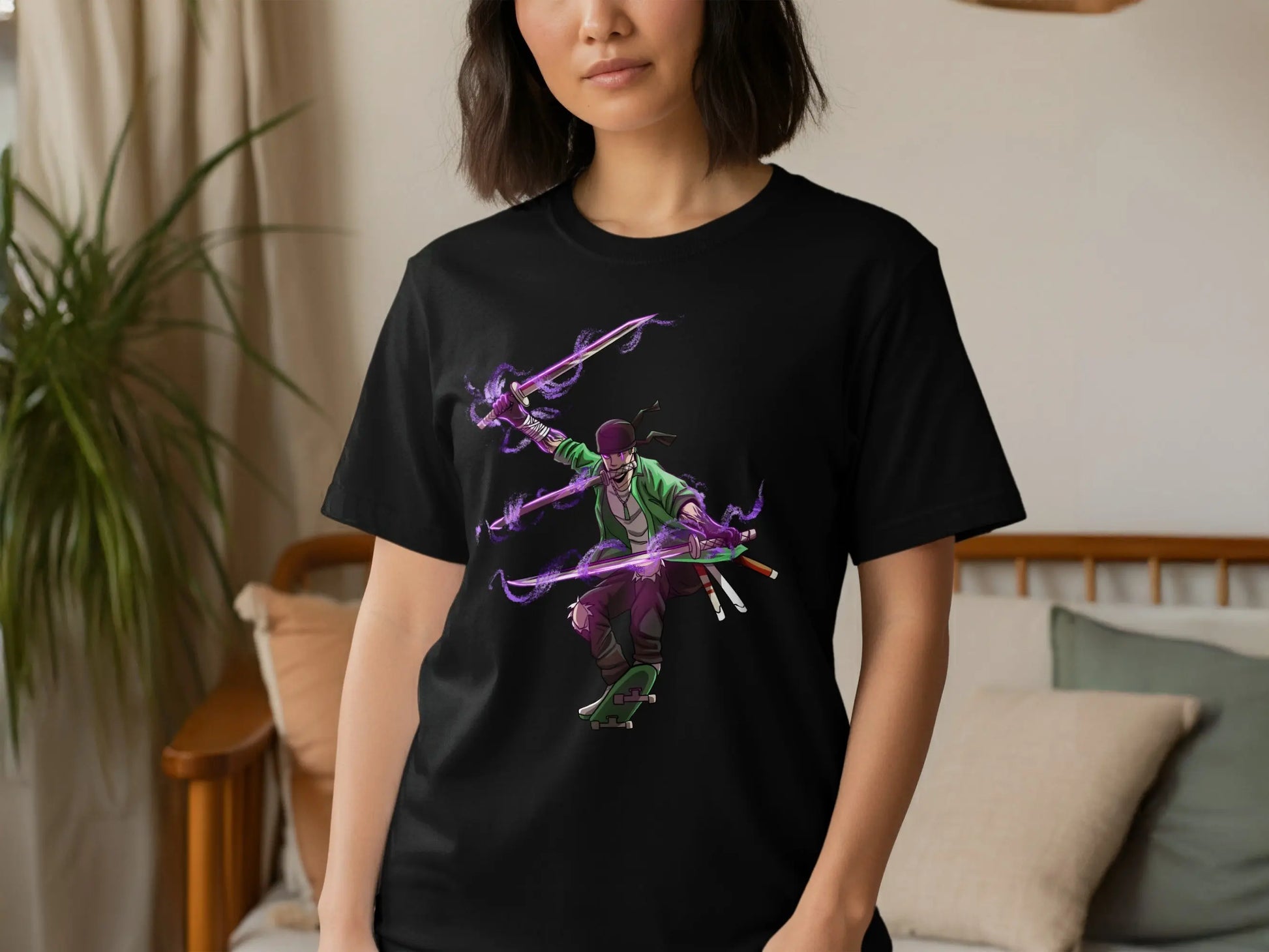 Zoro Three Swords Style on Skateboard with Purple Aura T-Shirt Boofy