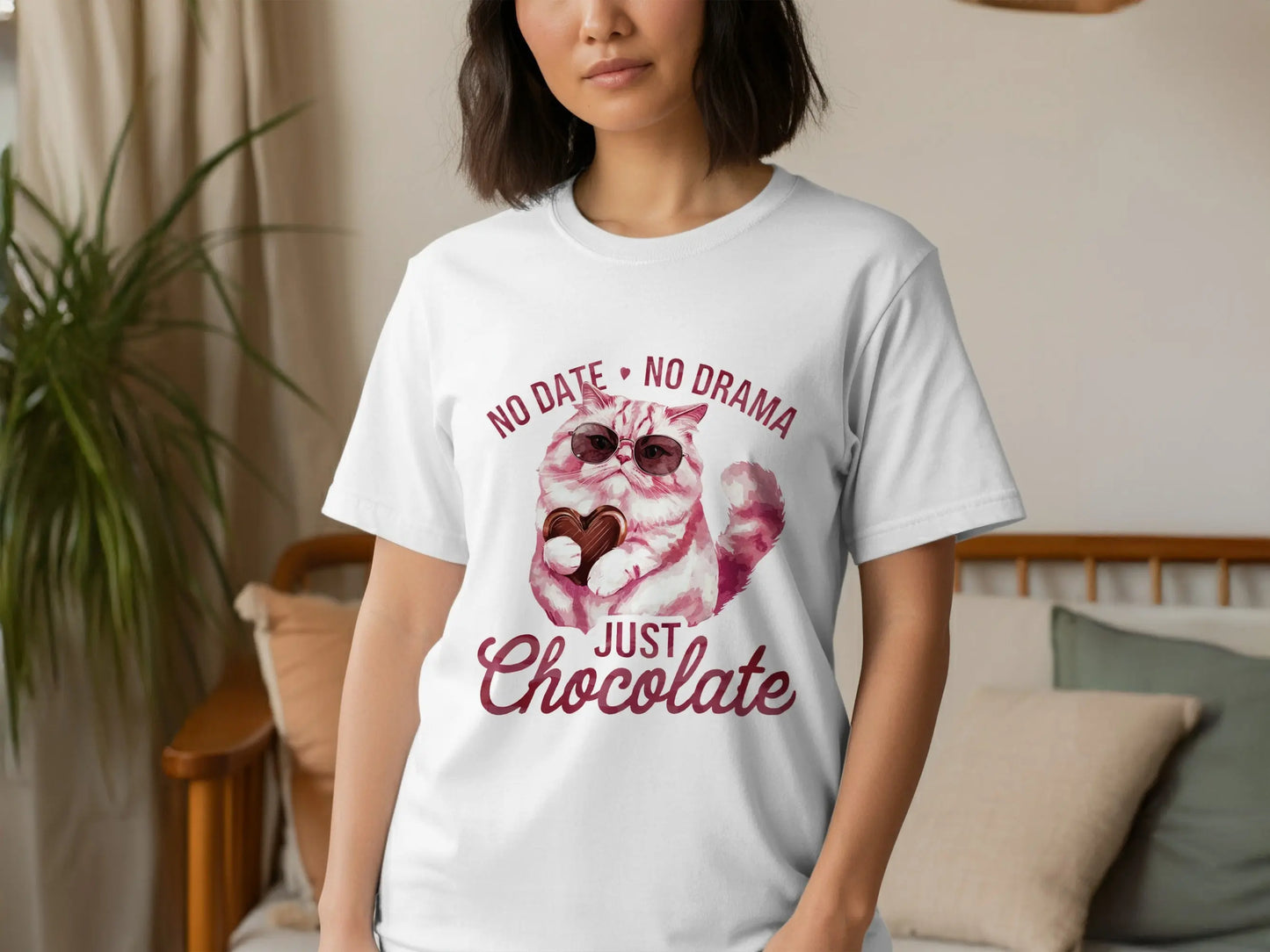 Funny Cat Lover T-Shirt: "No Date No Drama Just Chocolate"
