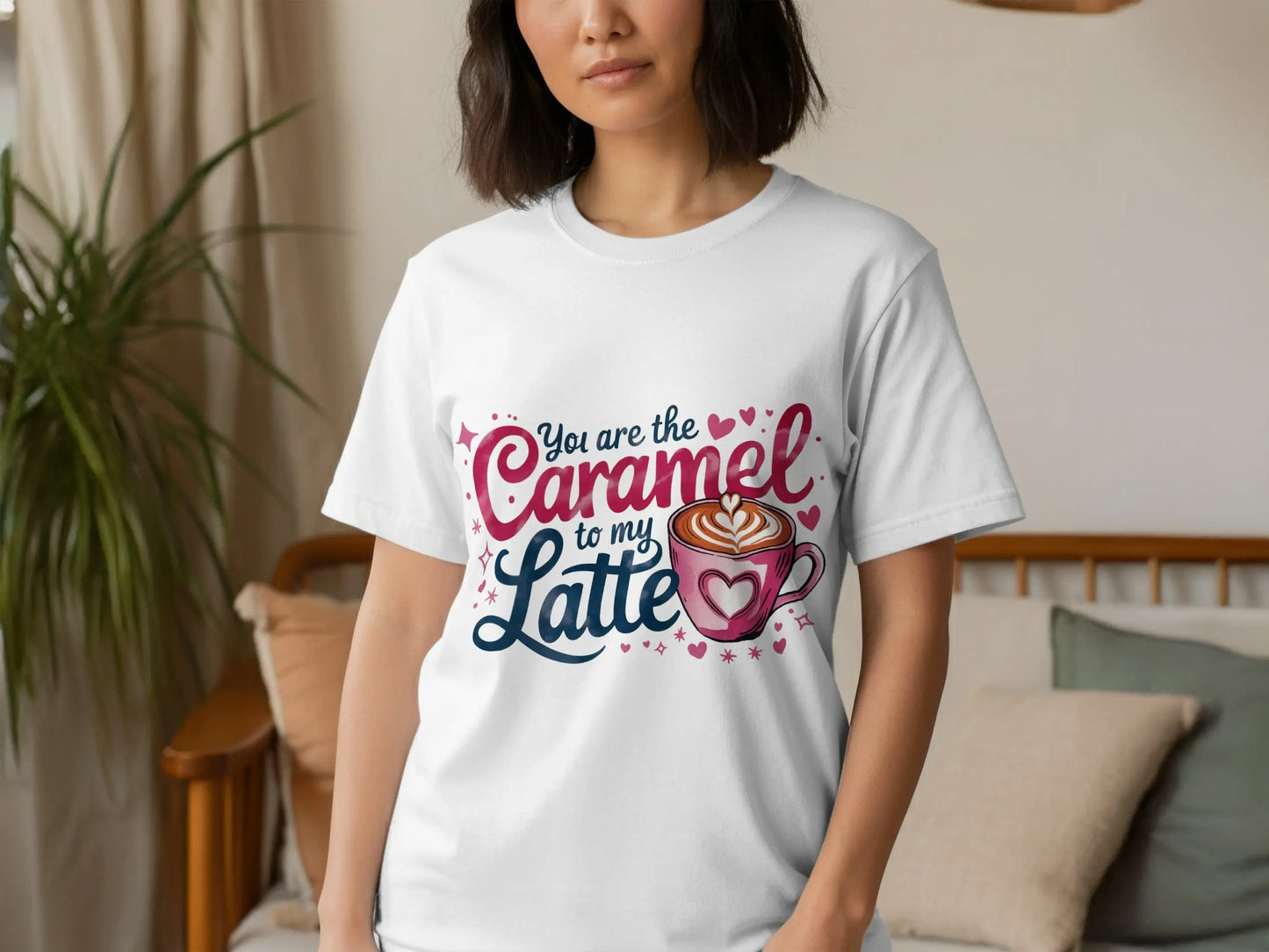 Funny Coffee Lover T-Shirt: "Caramel to My Latte" Pink Graphic Tee