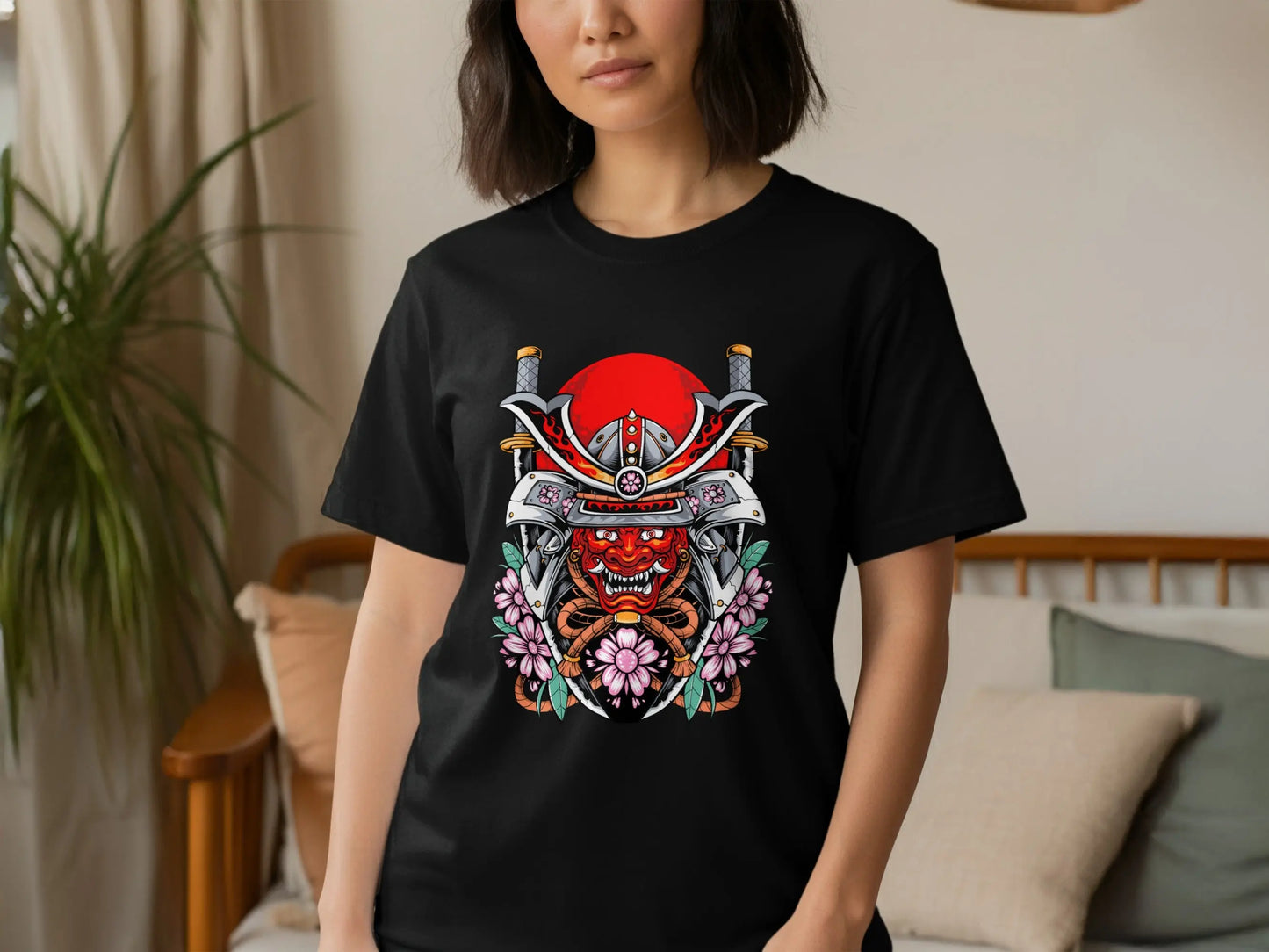 Samurai Mask with Swords and Cherry Blossoms Design T-Shirt Boofy