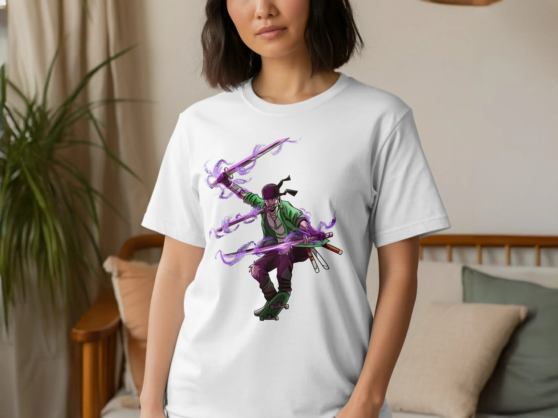 Zoro Three Swords Style on Skateboard with Purple Aura T-Shirt Boofy