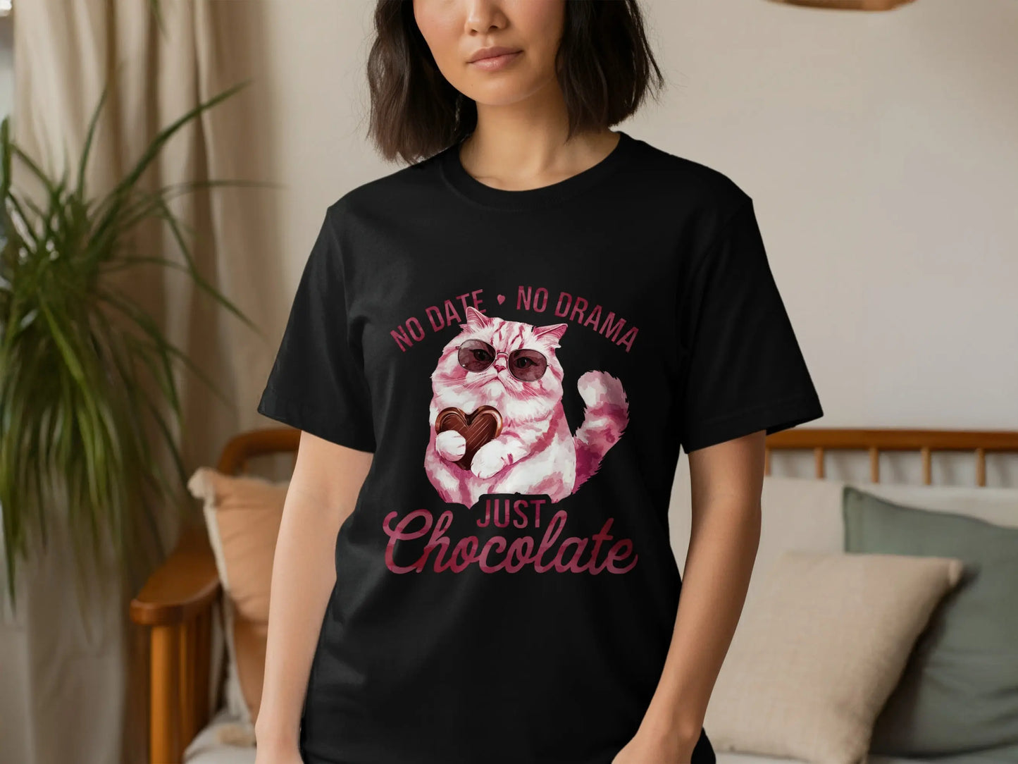 Funny Cat Lover T-Shirt: "No Date No Drama Just Chocolate"