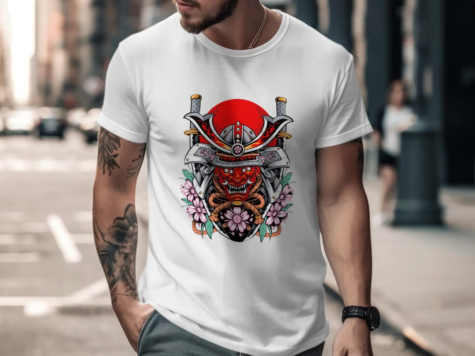 Samurai Mask with Swords and Cherry Blossoms Design T-Shirt Boofy