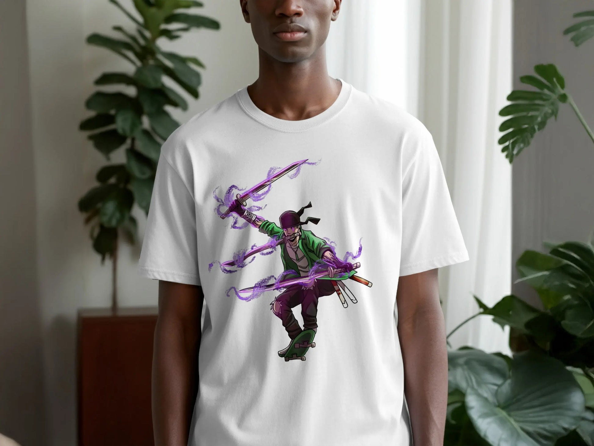 Zoro Three Swords Style on Skateboard with Purple Aura T-Shirt Boofy