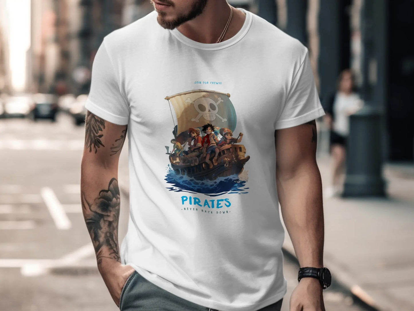 Join Our Crew Never Back Down Pirates Graphic T-Shirt Boofy