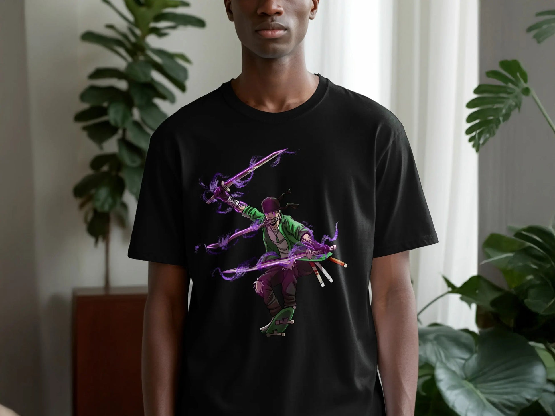 Zoro Three Swords Style on Skateboard with Purple Aura T-Shirt Boofy