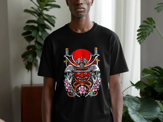 Samurai Mask with Swords and Cherry Blossoms Design T-Shirt Boofy