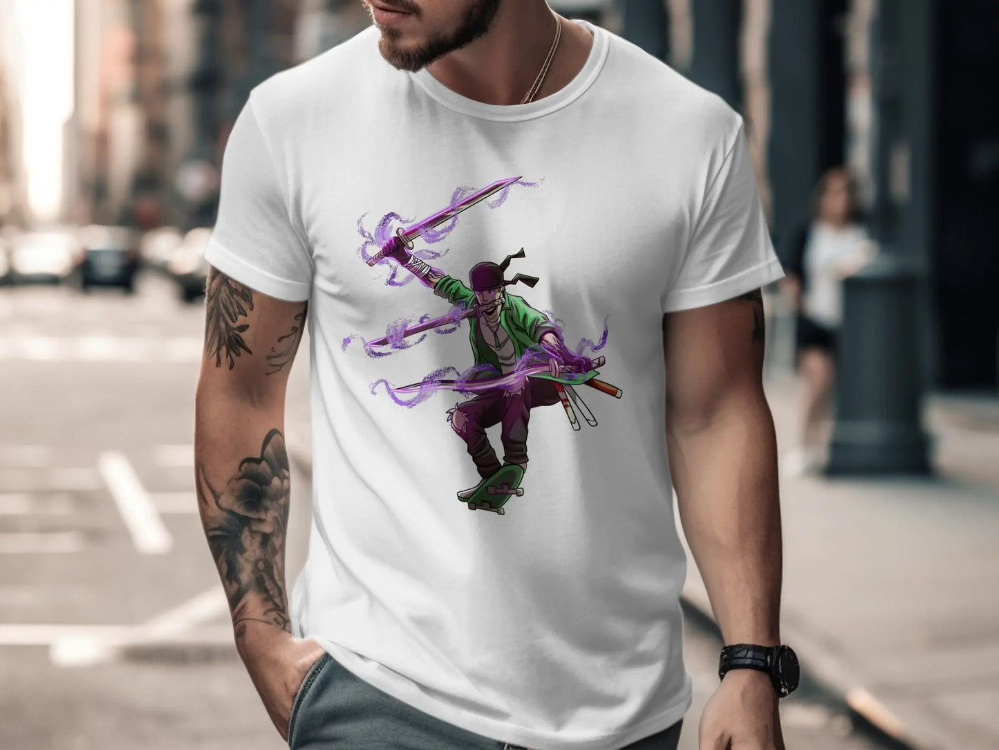 Zoro Three Swords Style on Skateboard with Purple Aura T-Shirt Boofy