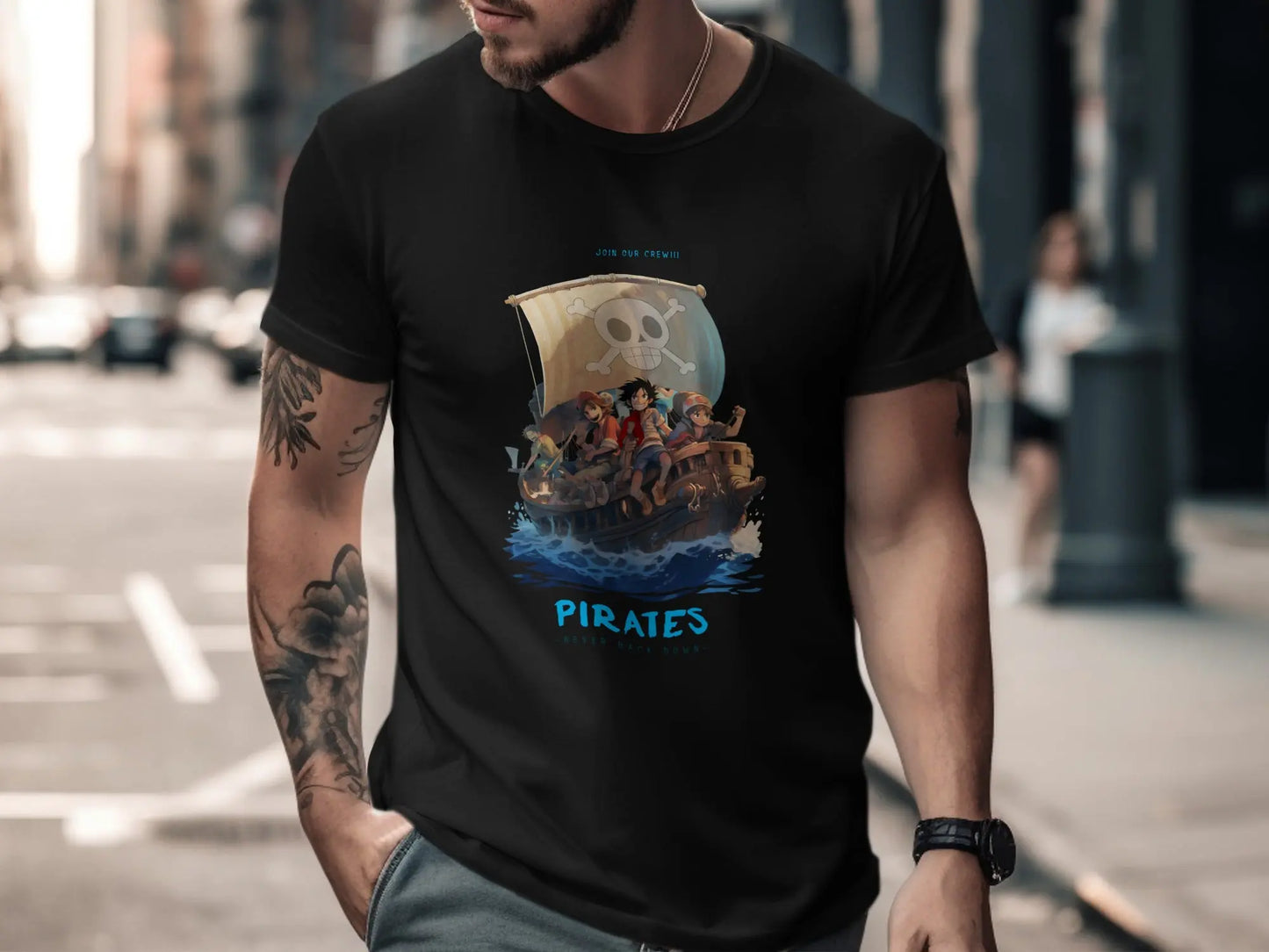 Join Our Crew Never Back Down Pirates Graphic T-Shirt Boofy