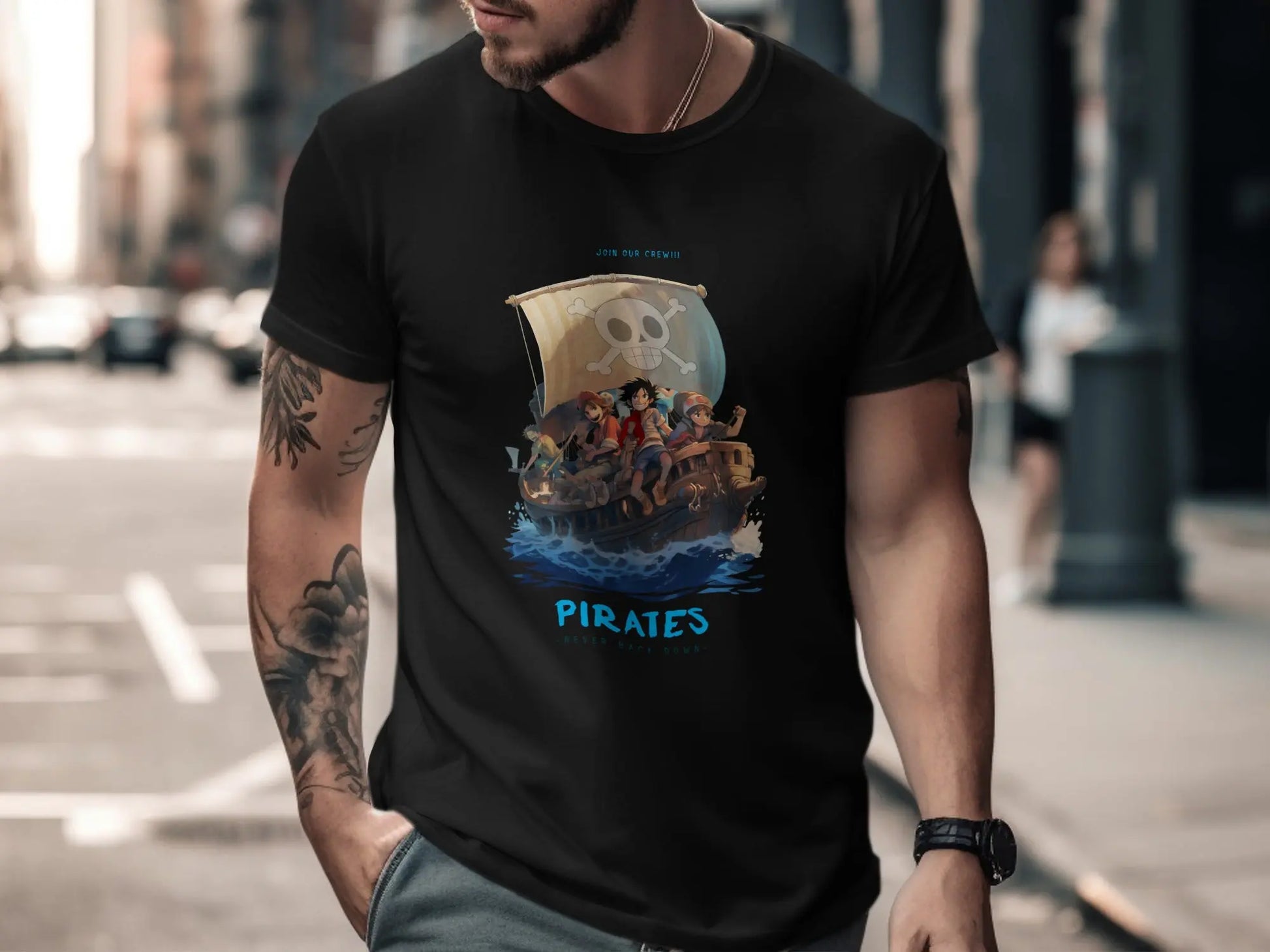 Join Our Crew Never Back Down Pirates Graphic T-Shirt Boofy
