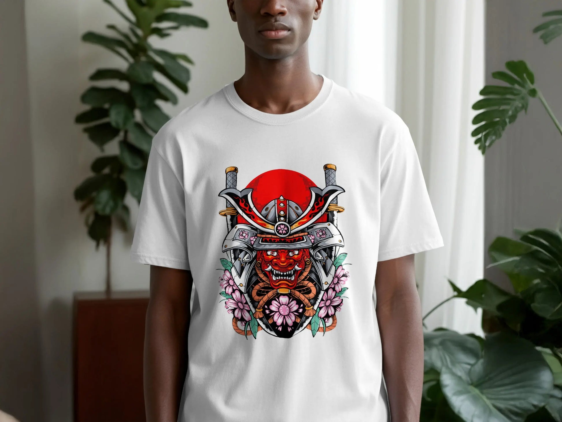 Samurai Mask with Swords and Cherry Blossoms Design T-Shirt Boofy