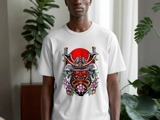 Samurai Mask with Swords and Cherry Blossoms Design T-Shirt Boofy