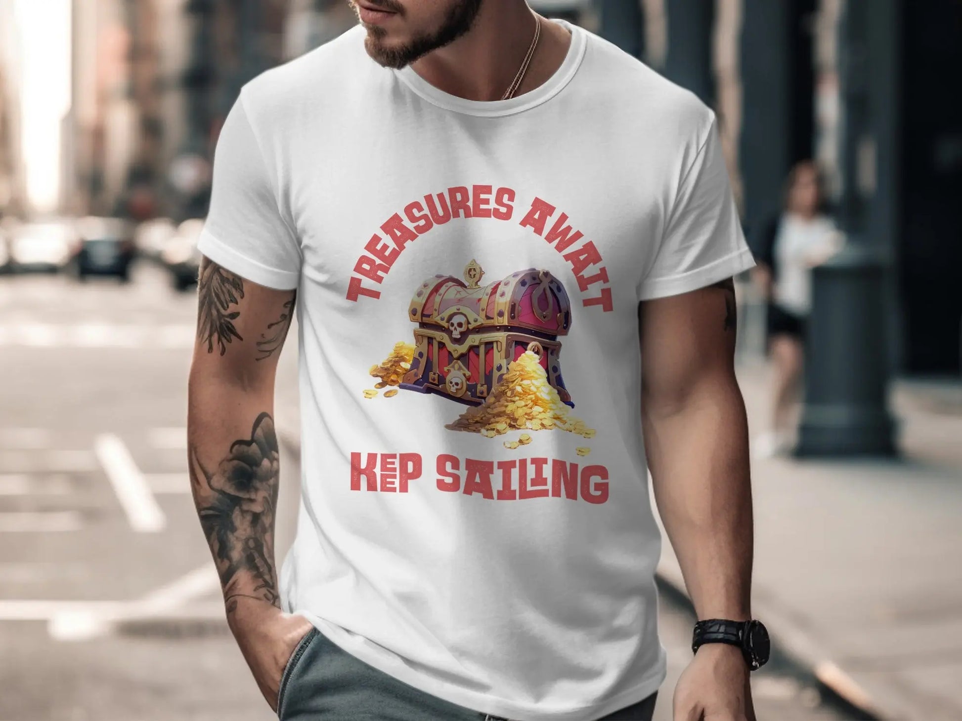 Treasures Await Keep Sailing Pirate Treasure Chest T-Shirt Boofy