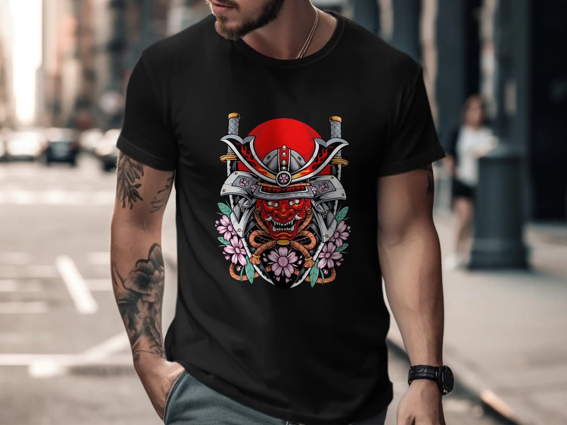 Samurai Mask with Swords and Cherry Blossoms Design T-Shirt Boofy