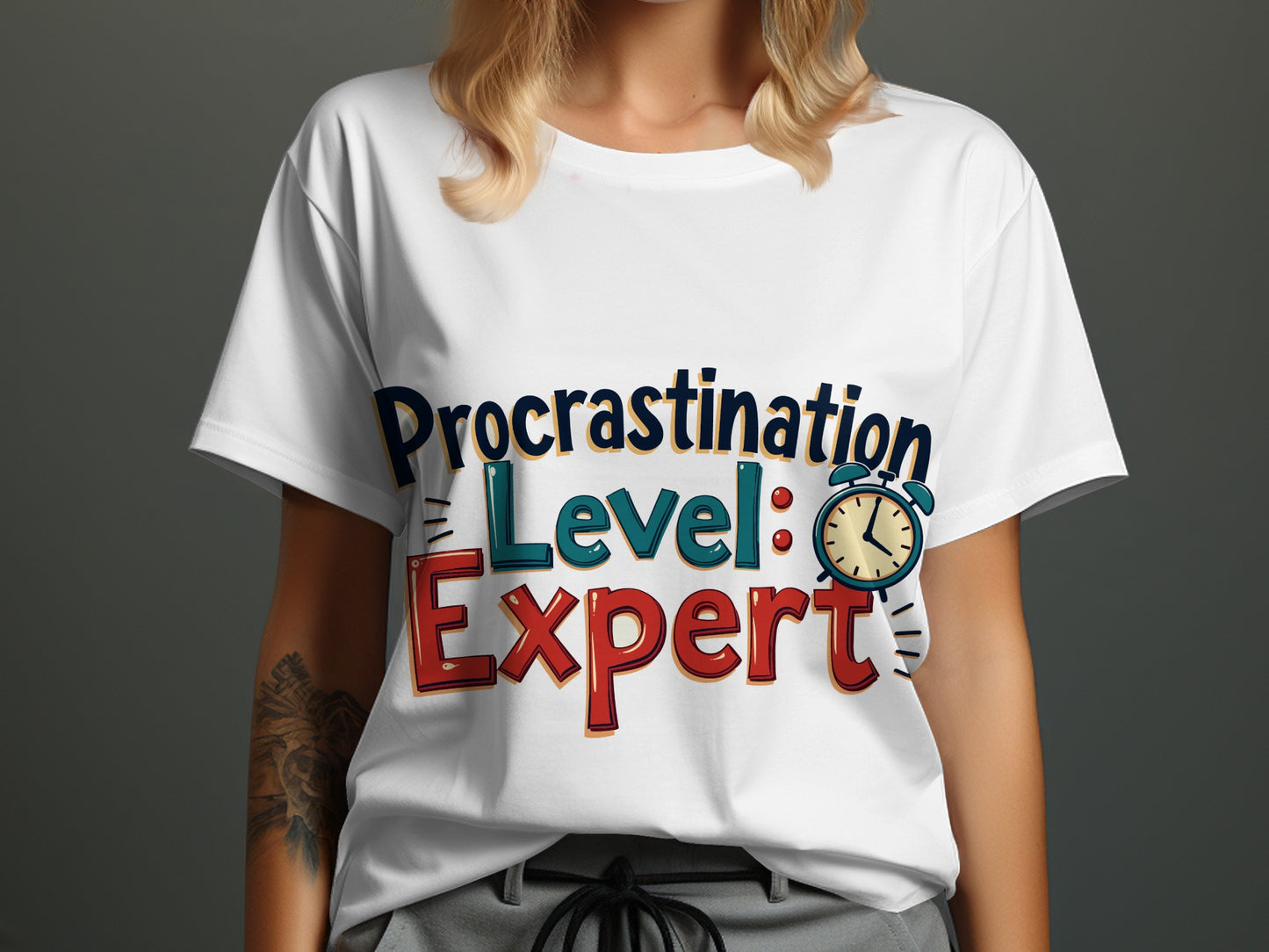 Funny Lifestyle T-Shirt: "Procrastination Level Expert" Alarm Clock Design
