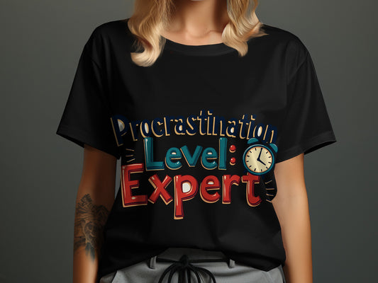 Funny Lifestyle T-Shirt: "Procrastination Level Expert" Alarm Clock Design