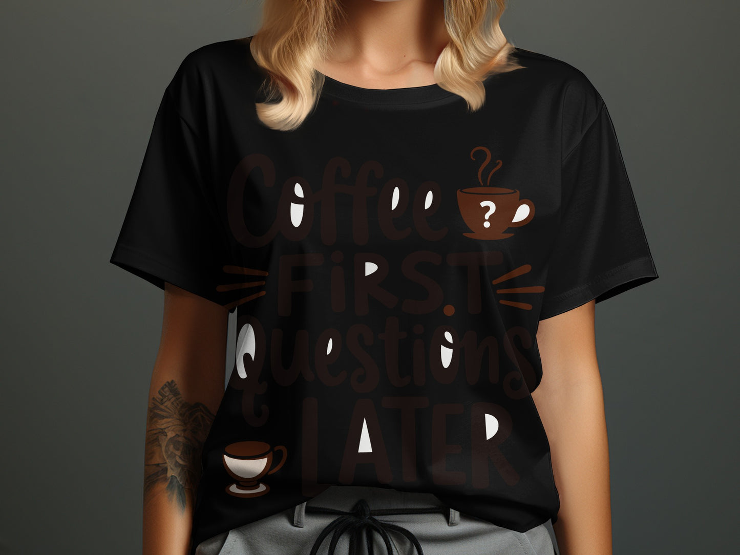 Coffee Lover T-Shirt: "Coffee First Questions Later" Graphic Design