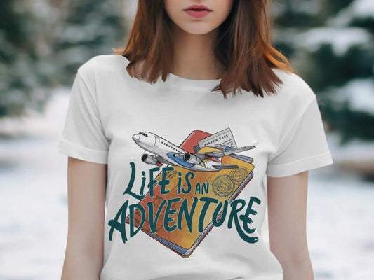 Adventure T-Shirt: "Life Is an Adventure" Airplane Over Passport Design