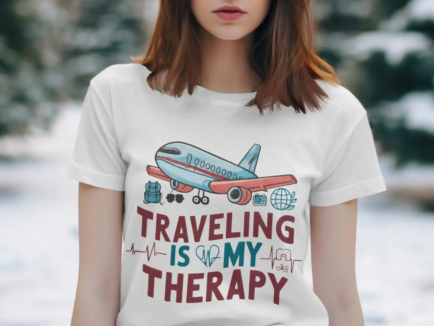 Funny Tourist T-Shirt: "Traveling Is My Therapy" Airplane Graphi