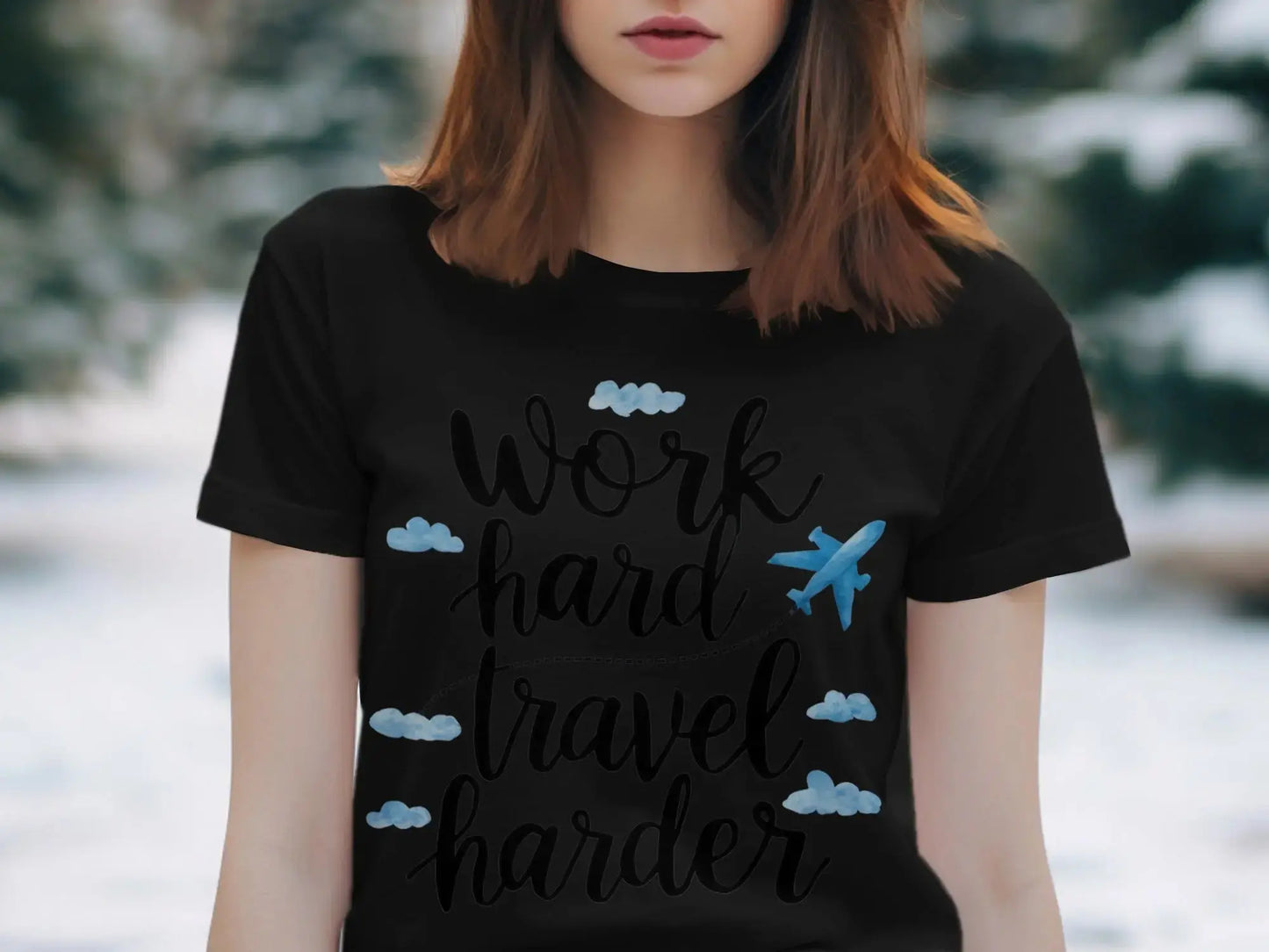 Wanderlust T-Shirt: "Work Hard Travel Harder" Airplane Clouds Tee