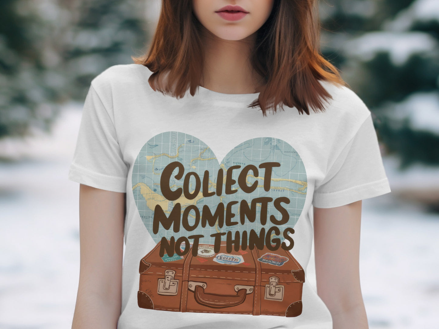 Motivational Travel T-Shirt: "Collect Moments Not Things" Suitcase Map