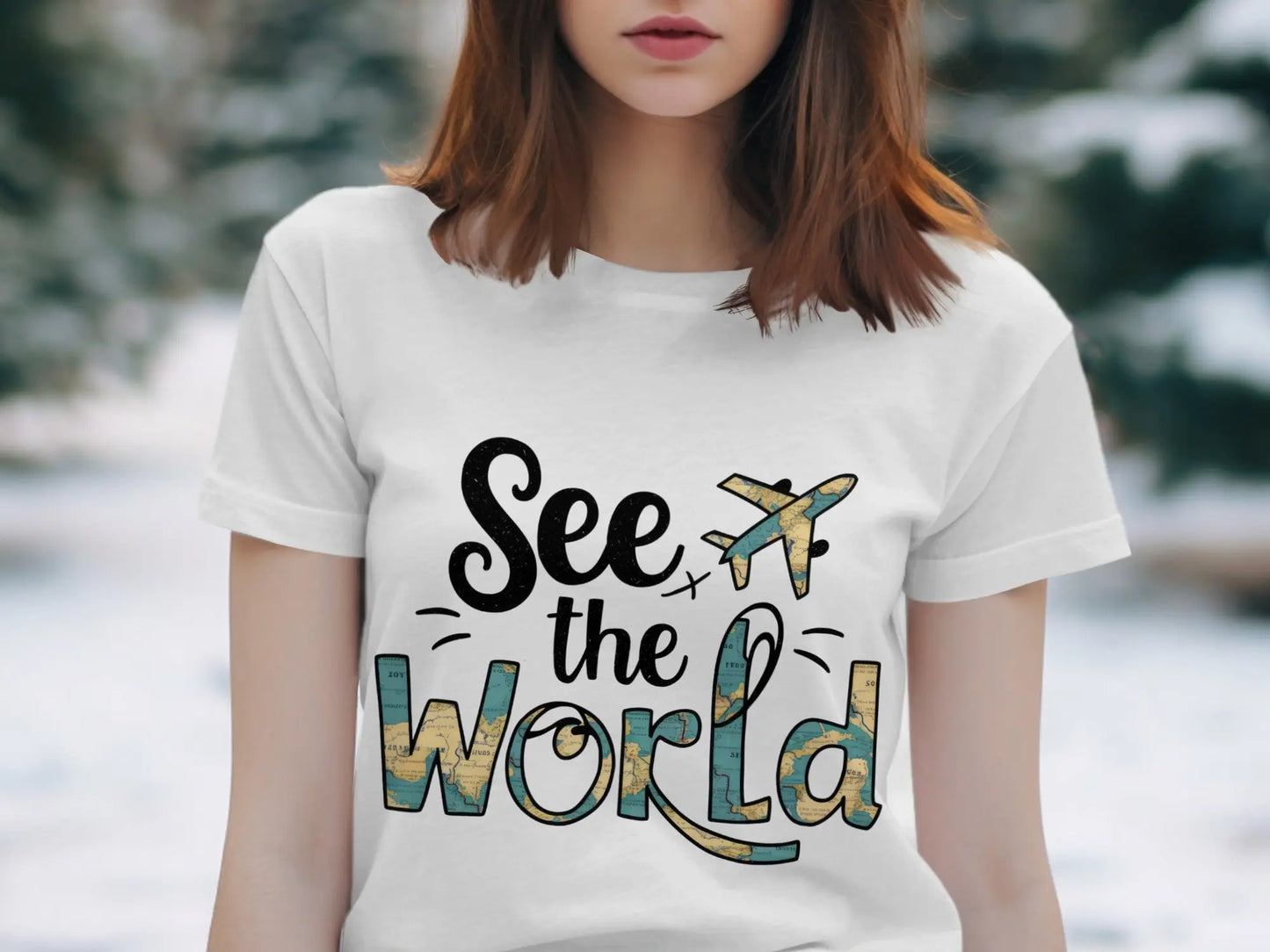 World Traveler T-Shirt: "See the World" Plane World Map Filled Tee
