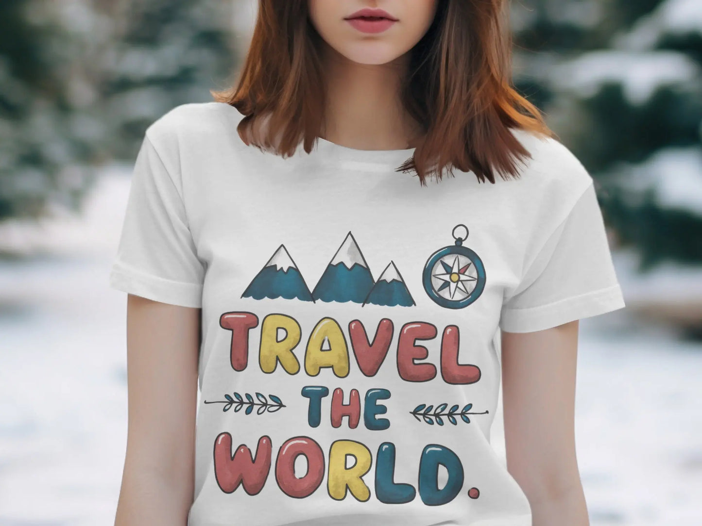 Wanderlust T-Shirt: "Travel The World" Mountains Compass Artwork