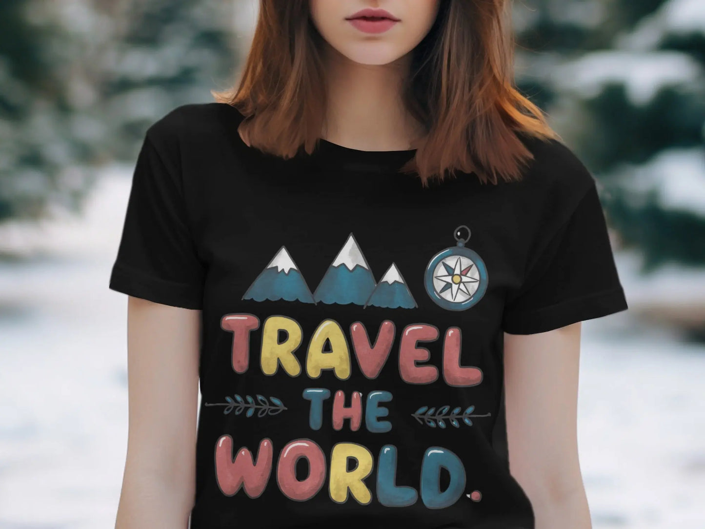 Wanderlust T-Shirt: "Travel The World" Mountains Compass Artwork