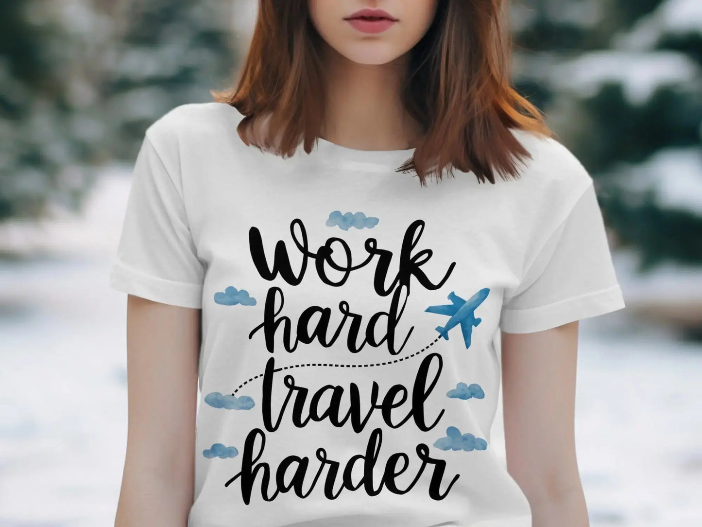 Wanderlust T-Shirt: "Work Hard Travel Harder" Airplane Clouds Tee