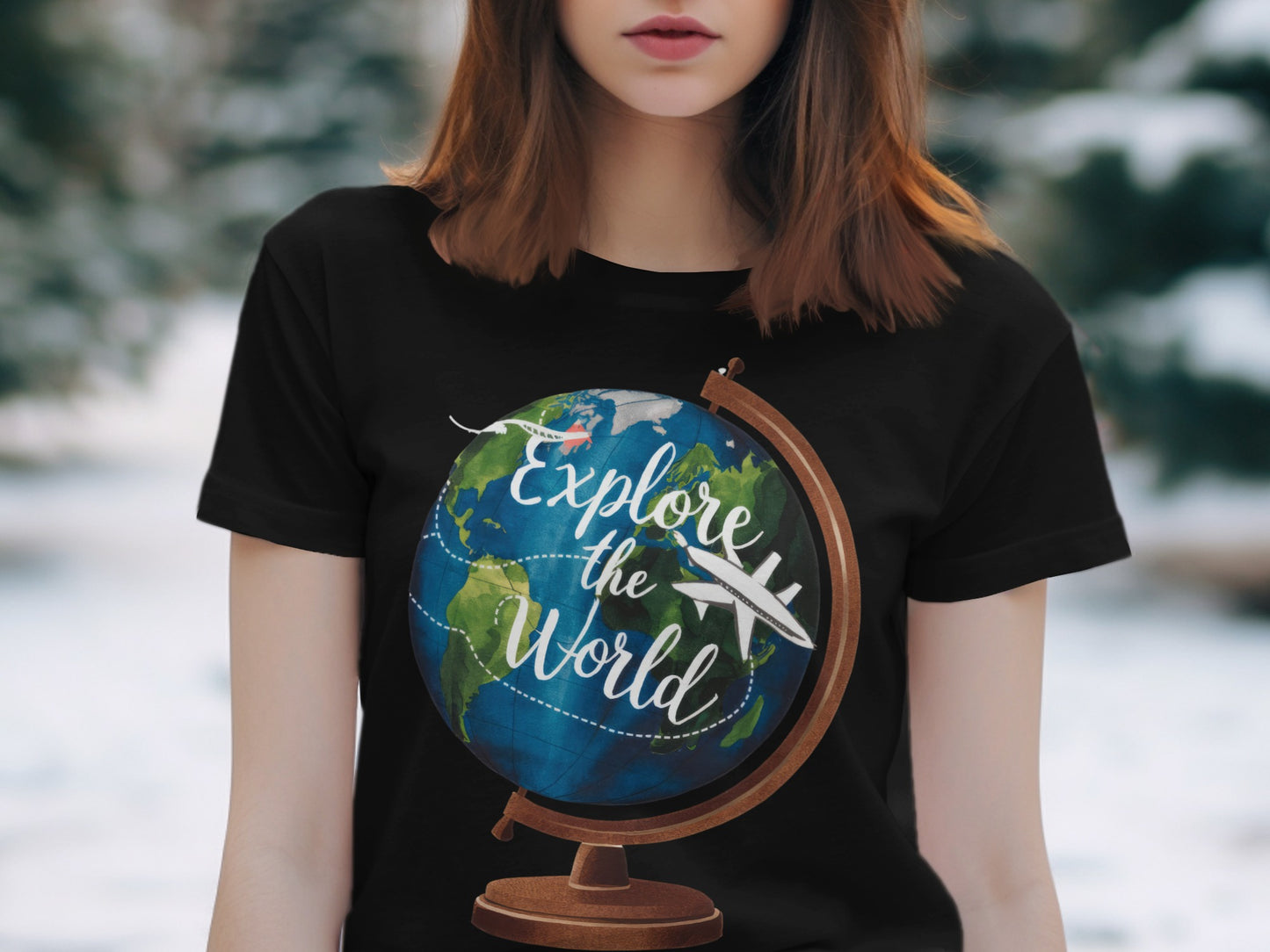 World Explore T-Shirt: Globe With a Plane Graphic Design