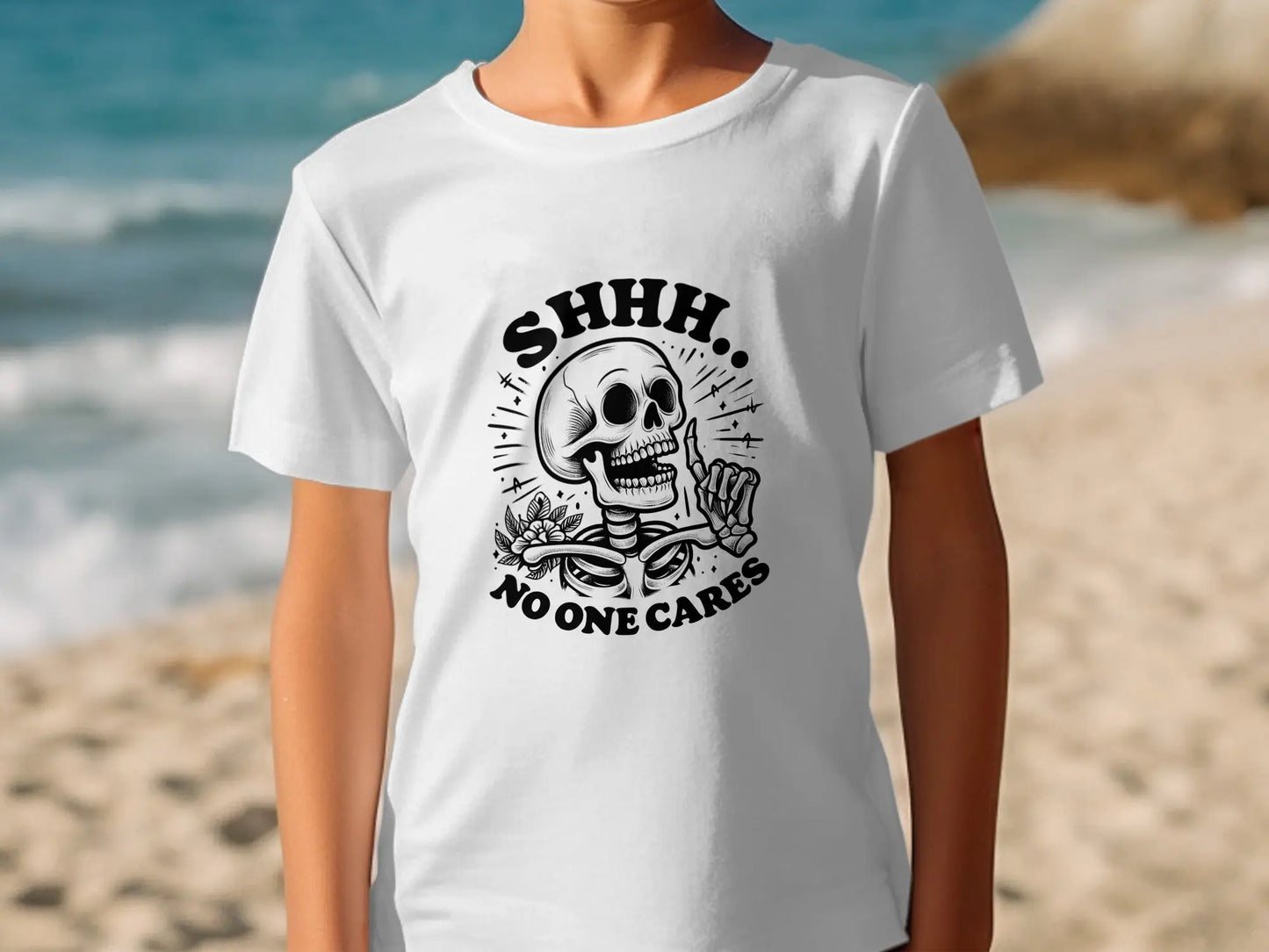 "Shhh No One Cares" Skeleton Humor Graphic Design T-Shirts Boofy