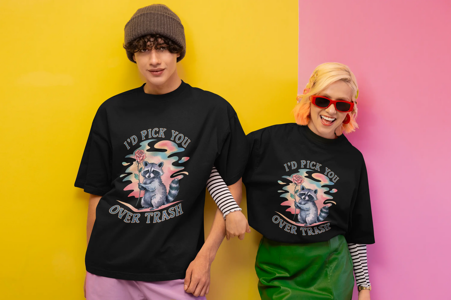"I'd Pick You Over Trash" Raccoon Design Watercolor T-Shirts Boofy